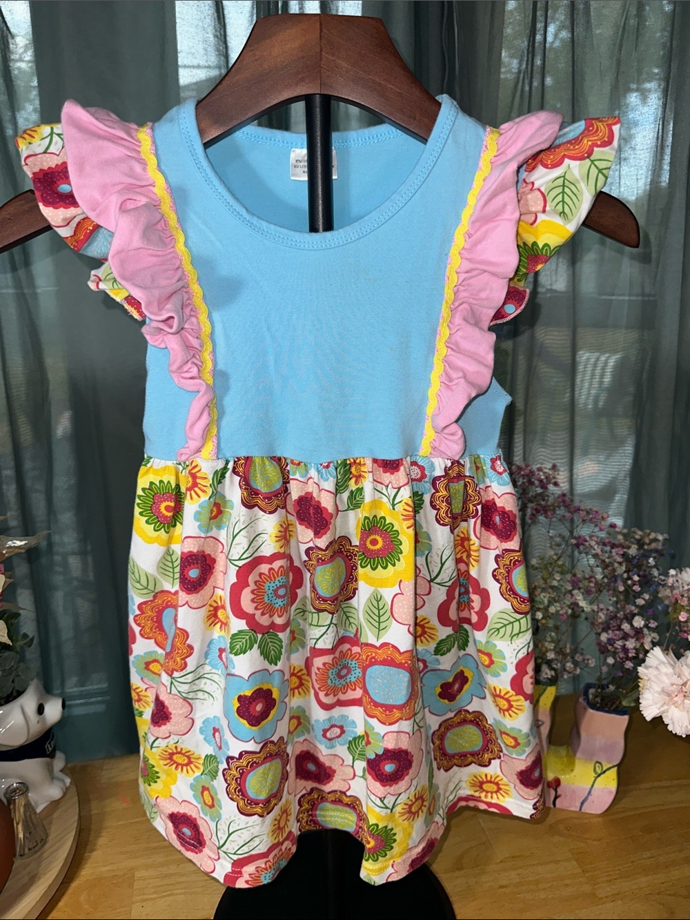 Girls Floral Ruffle Dress - Blue and Pink